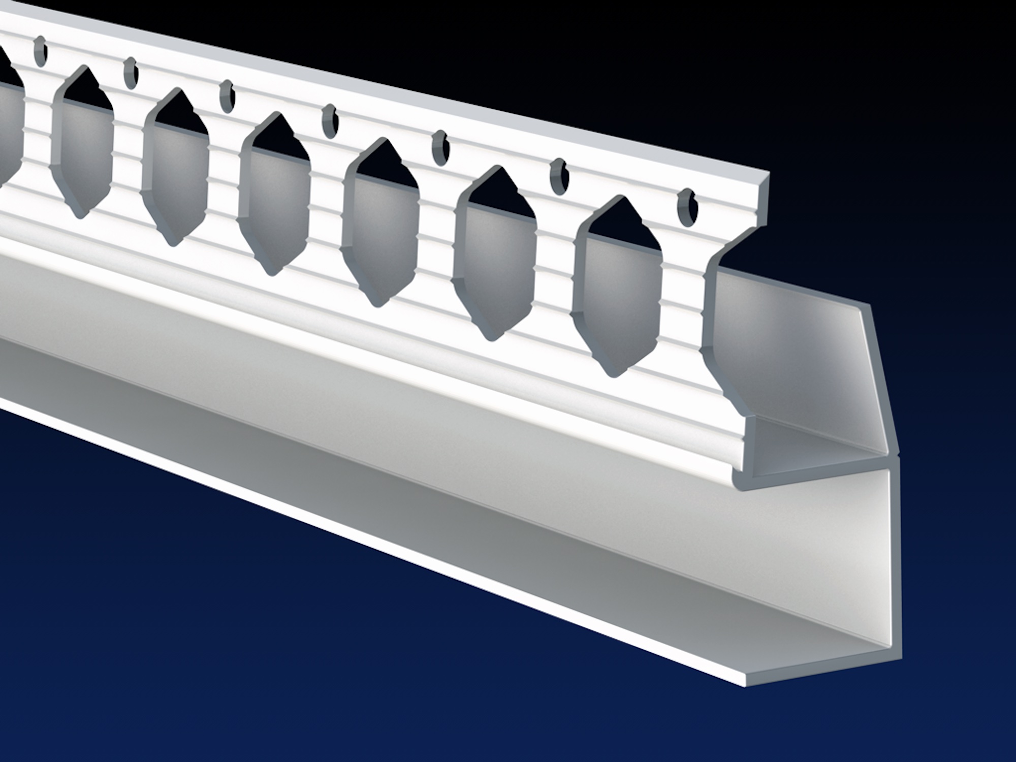 Close up rendered product image of 15mm white shadow gap bead, on black and navy gradient background