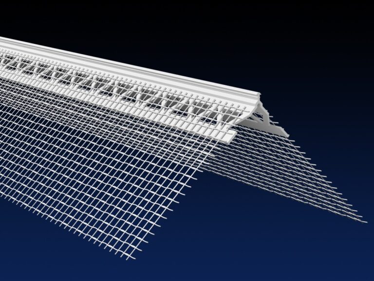 Close up rendered product image of EWI 6mm angle bead with 100mm mesh, on black and navy gradient background