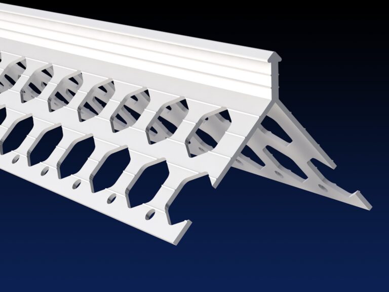 Close up rendered product image of 10mm white PVCu plaster corner bead on black and navy gradient background