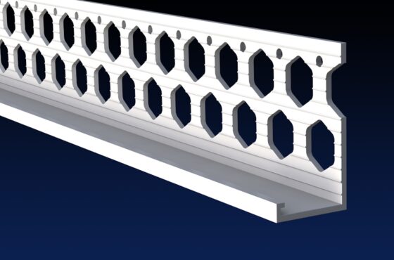 Close up rendered product image of 20mm white PVCu render stop bead on black and navy gradient background