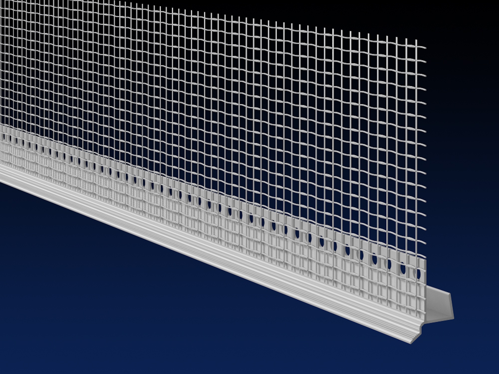 Close up rendered product image white PVCu board casement drip bead, on black and navy gradient background